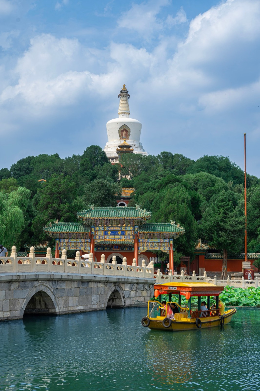The White Dagoba, an ornate bridge, and a boat on the lake at Beihai Park
