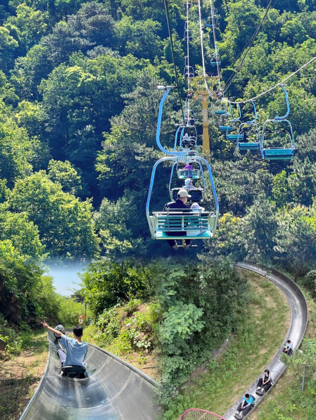The Mutianyu chairlift rising over the forest beside the toboggan run