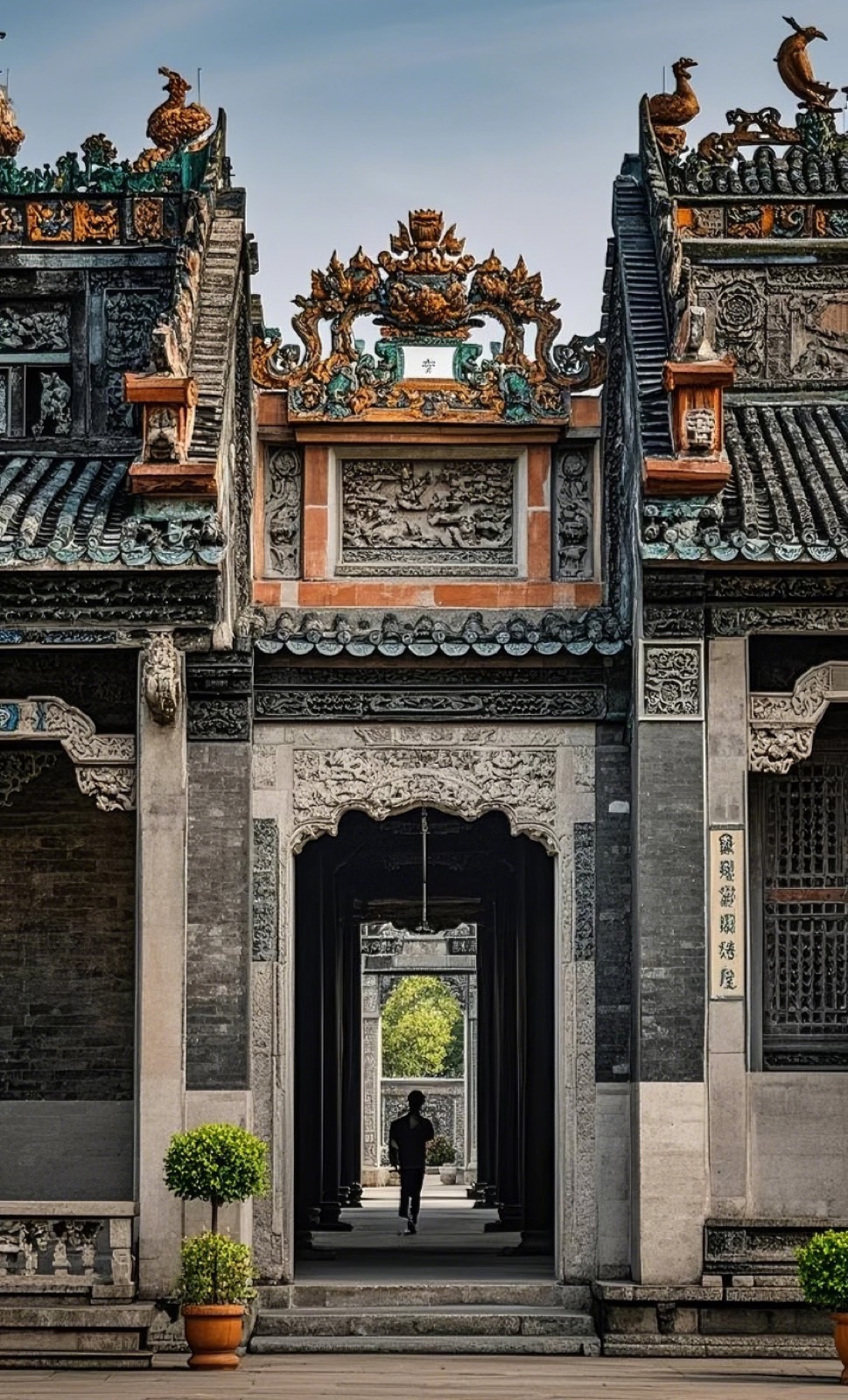 A courtyard walkway framed by carved columns at the Chen Clan Academy