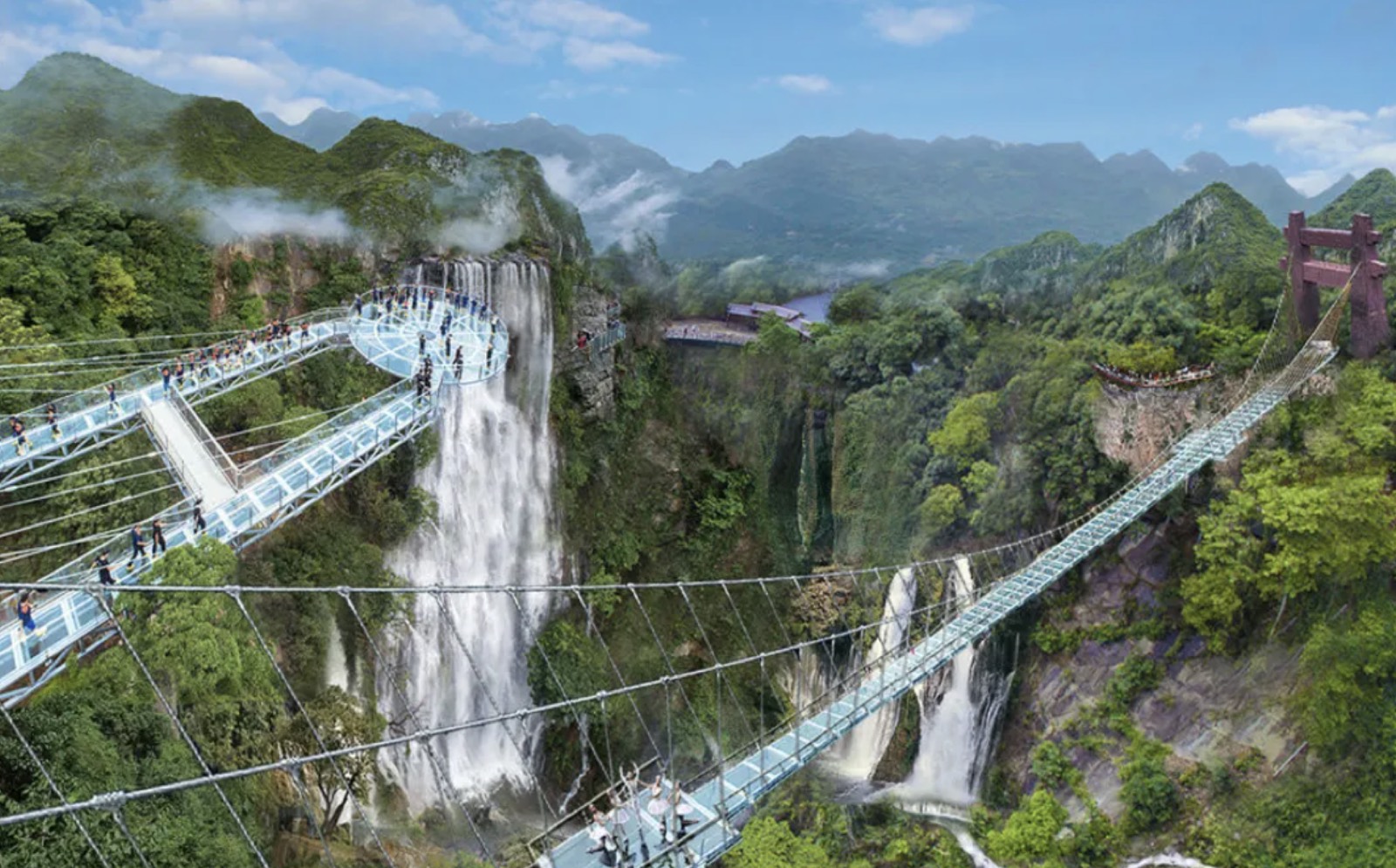 Glass sky bridges over the waterfalls of Gulong Gorge