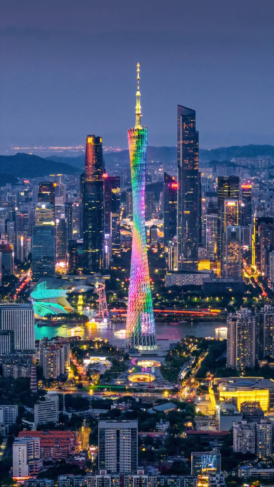 Guangzhou's skyline with the Canton Tower lit up at night
