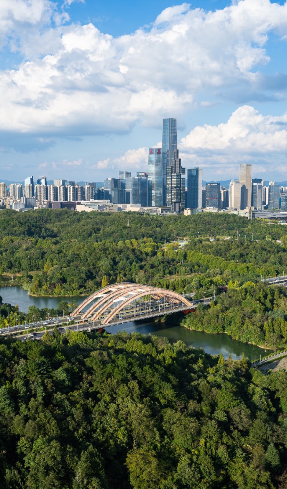 The Guiyang city skyline with an arched bridge over a forested river