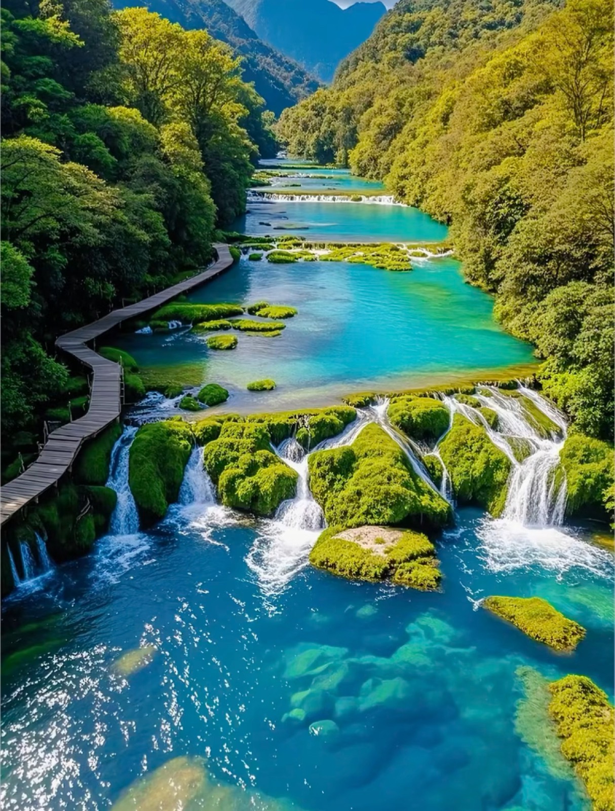 Aerial view of the turquoise river and mossy cascades of Libo Xiaoqikong