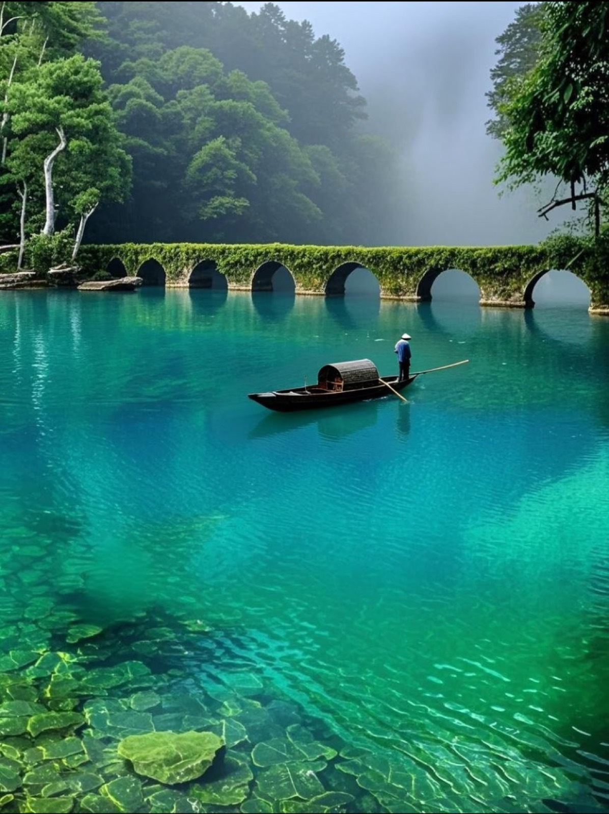 A boat on the jade-green water beneath an old stone bridge at Libo Xiaoqikong
