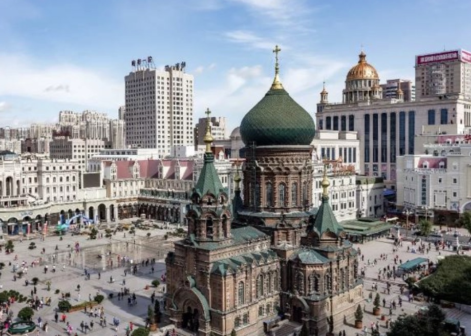 Snow-covered streets and frosted rooftops of Harbin, China's ice city, in deep winter