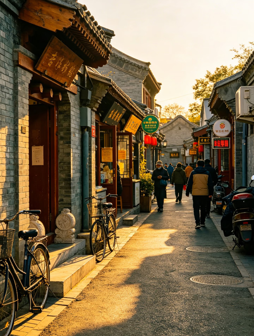 A quiet old hutong lane lined with grey-brick courtyard homes in Beijing