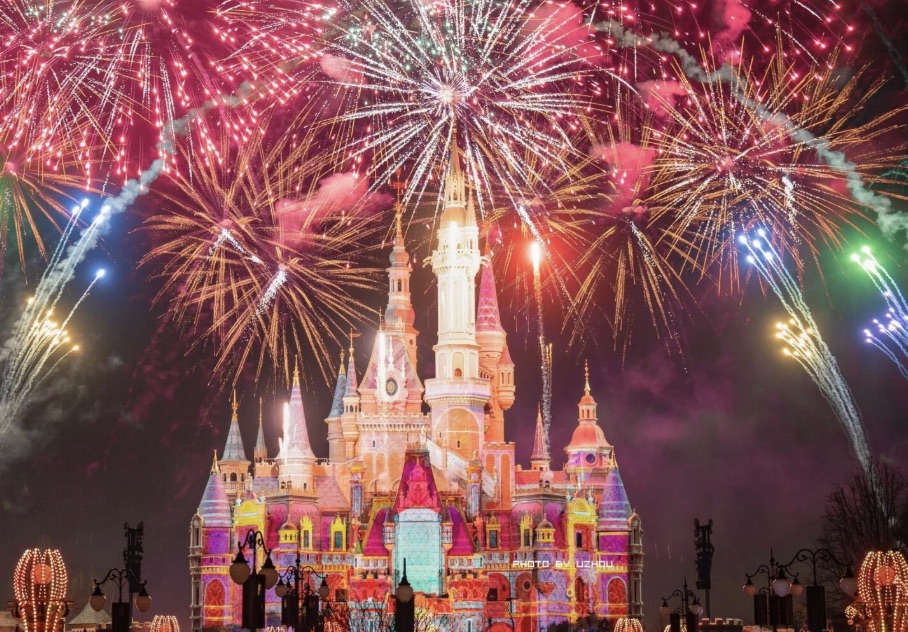 The fairytale castle at Shanghai Disneyland under a bright sky