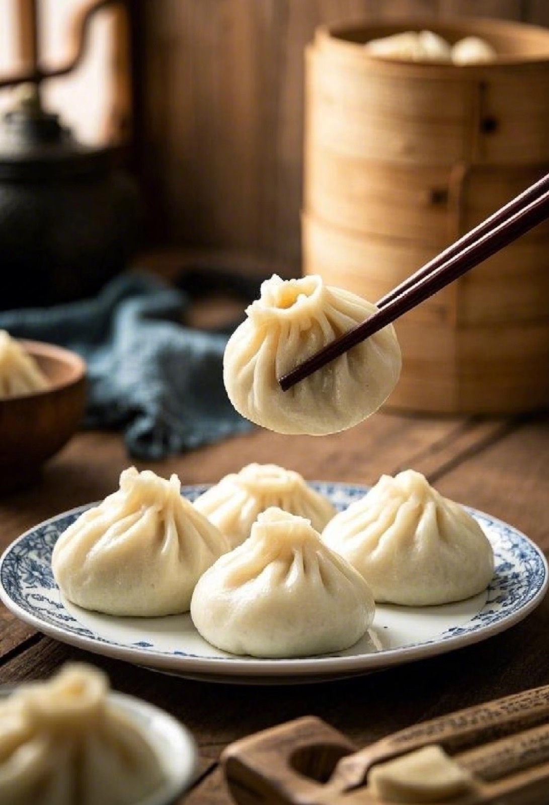 A soup dumpling lifted with chopsticks beside a bamboo steamer