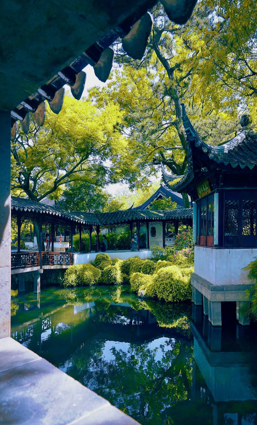 A covered walkway and pavilion reflected in a still garden pond in Suzhou