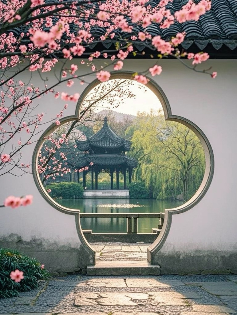 A carved garden gate framing a lakeside pavilion with spring blossom in Suzhou