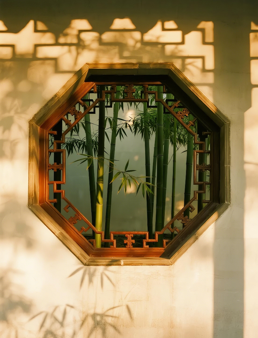 An octagonal lattice window framing a stand of bamboo, Suzhou garden
