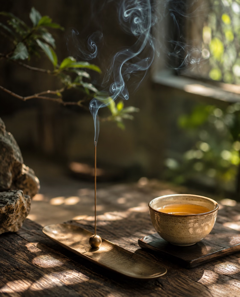 A cup of tea and a curl of incense smoke on a wooden table in soft light