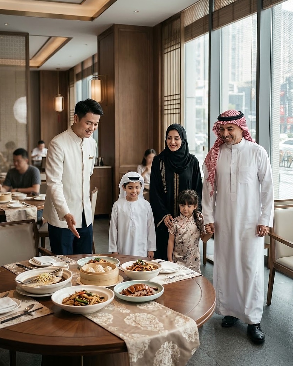 A Muslim family being welcomed to a table of halal Chinese dishes at a restaurant