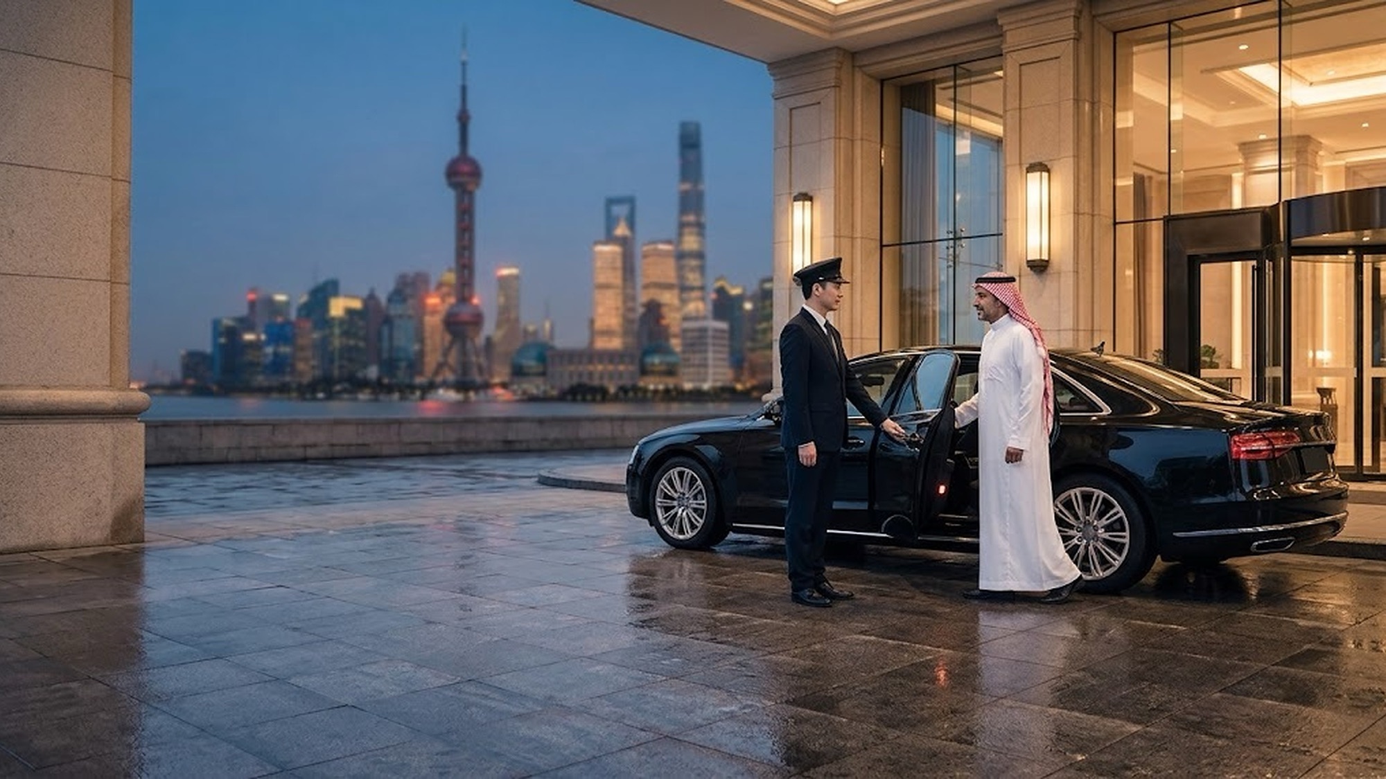 A uniformed chauffeur opening the rear door of a black sedan for a traveler, with the Shanghai skyline at dusk