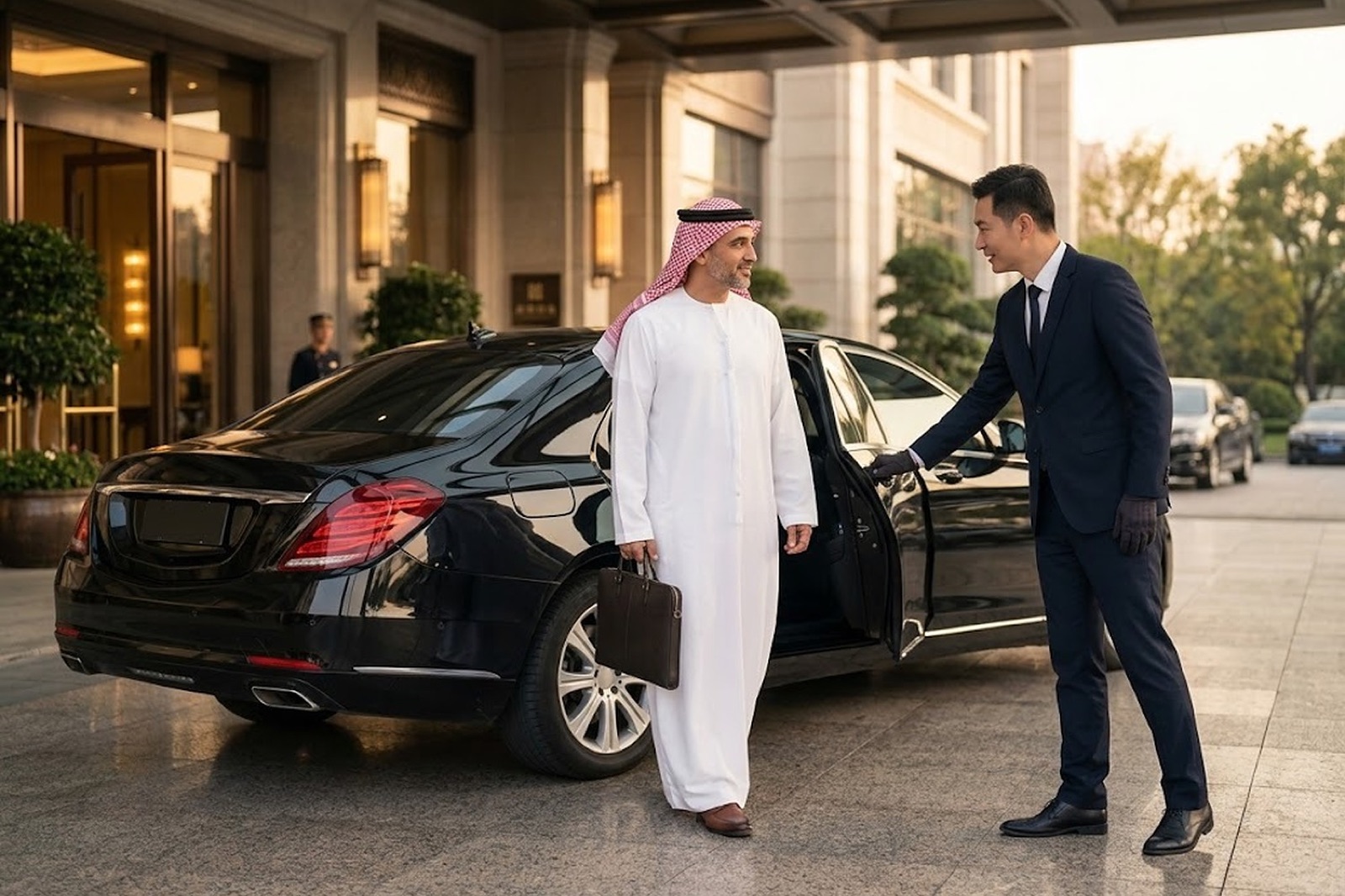 A chauffeur in a suit and gloves opening the rear door of a black Mercedes for a guest at a hotel entrance